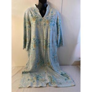 Miss Elaine Grandma Style Blue Floral zipper Robe rn#17414 medium pockets 46"
